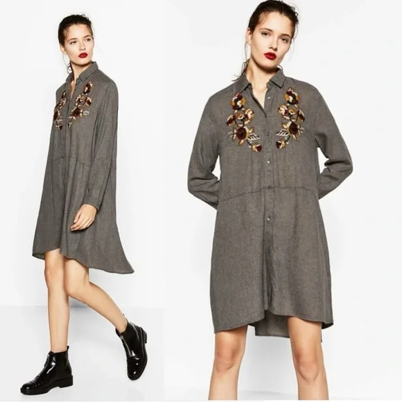 Zara Embroidered Swing Tunic Shirt Dress Size Large Grey Flannel Fall Shacket - Picture 3 of 15